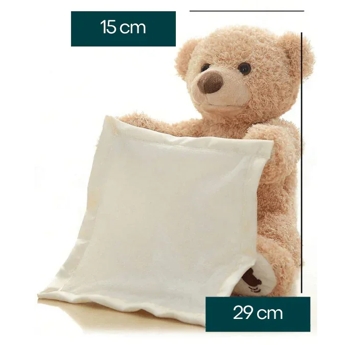 Urso de pelúcia bege segurando naninha infantil branca, dimensões 15x29 cm.