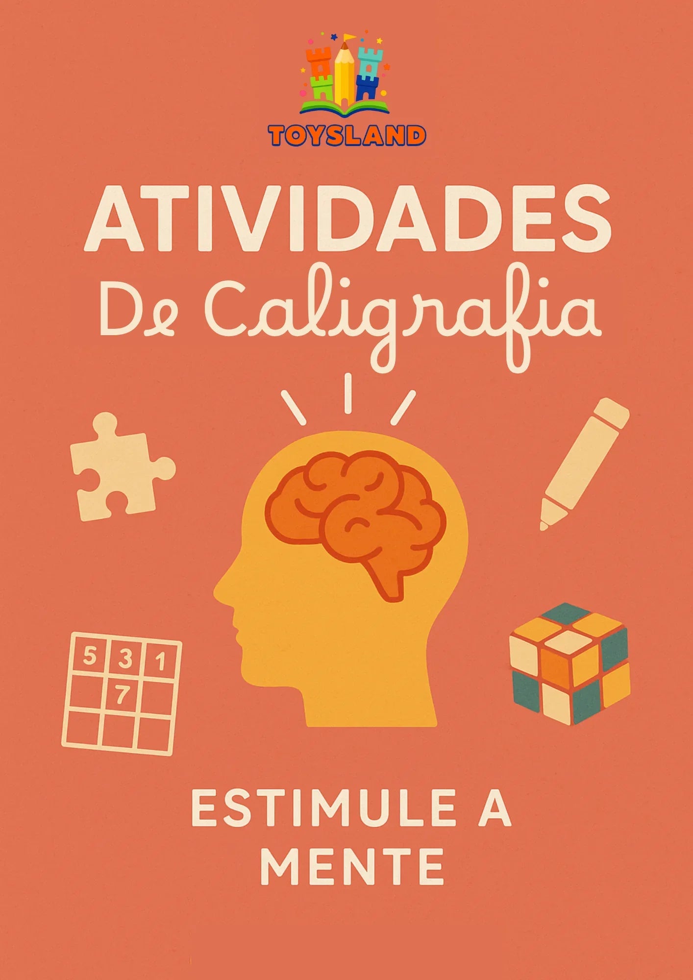 Capa de atividades de caligrafia infantil com desenho de cérebro, quebra-cabeça, cubo mágico e lápis.