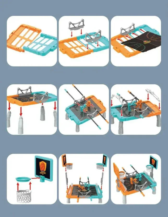 Passo a passo do kit de montagem de jogo de basquete infantil compacto, peças coloridas.