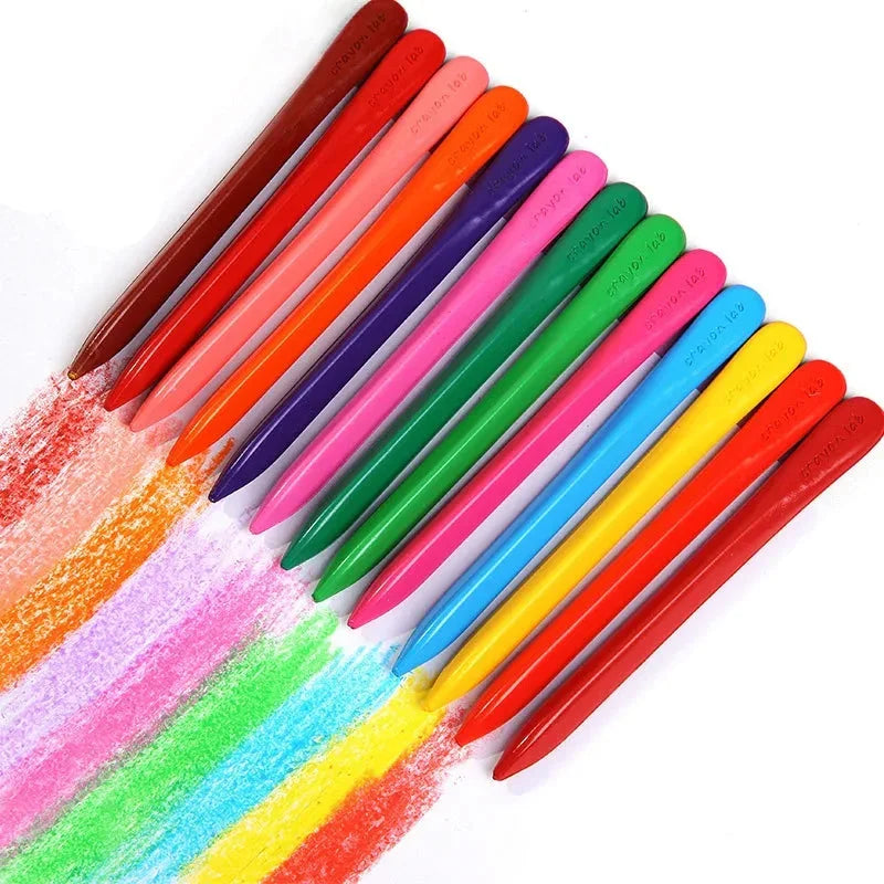 Giz de cera coloridos para crianças, organizado em linhas, traçando várias cores no papel.