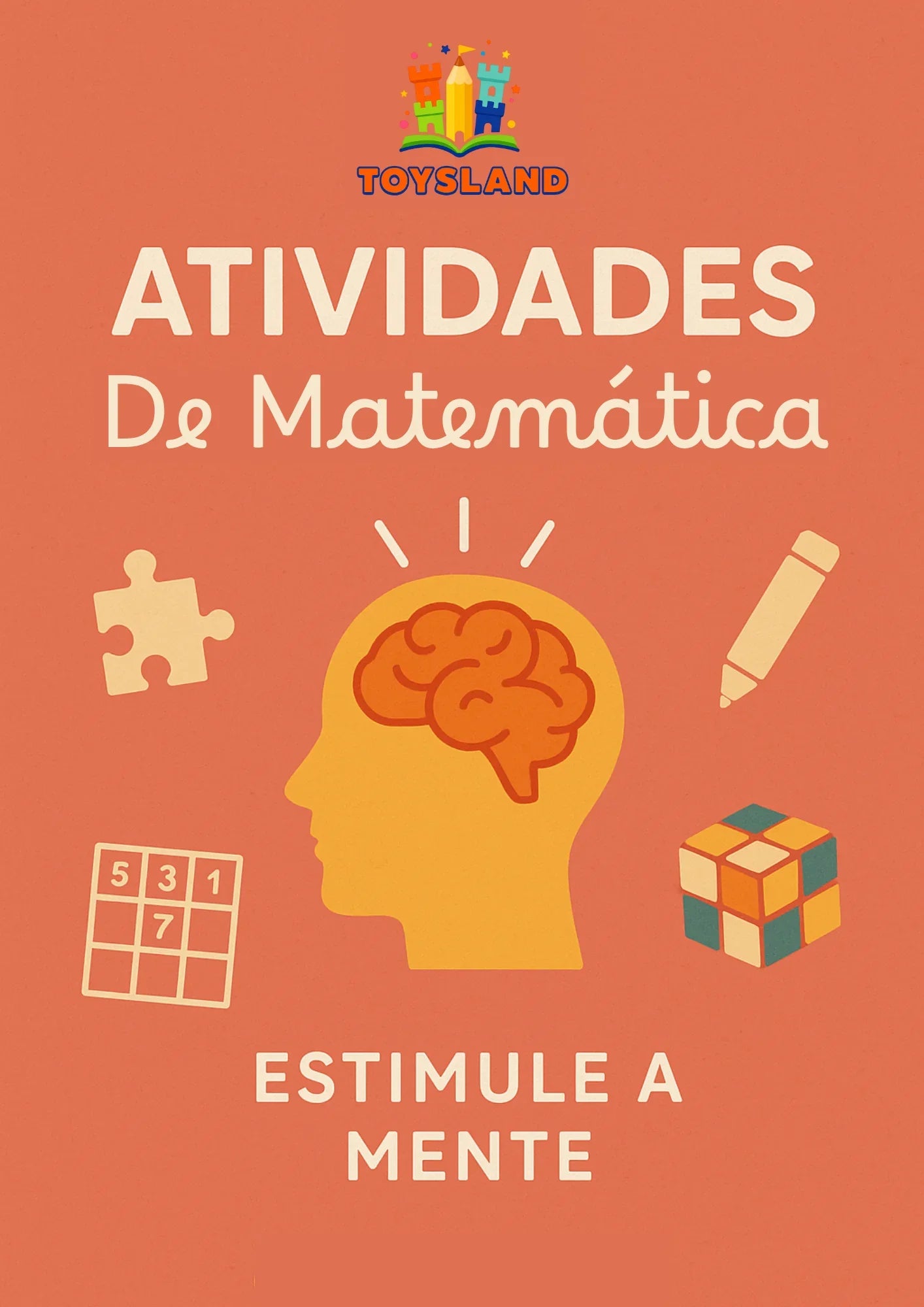 Cartaz infantil atividades de matemática com cérebro, quebra-cabeça, sudoku, lápis e cubo mágico