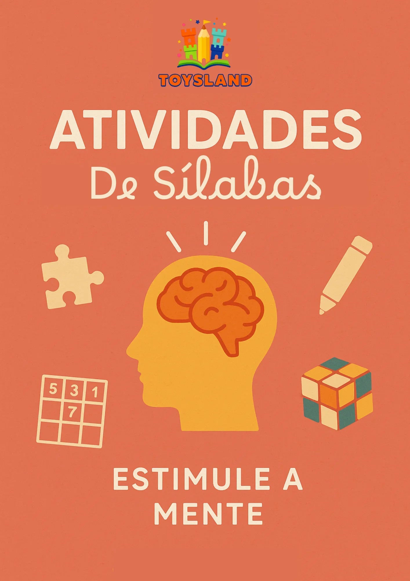 Cartaz infantil de atividades de sílabas com ícones de cérebro, quebra-cabeça, cubo mágico e sudoku.