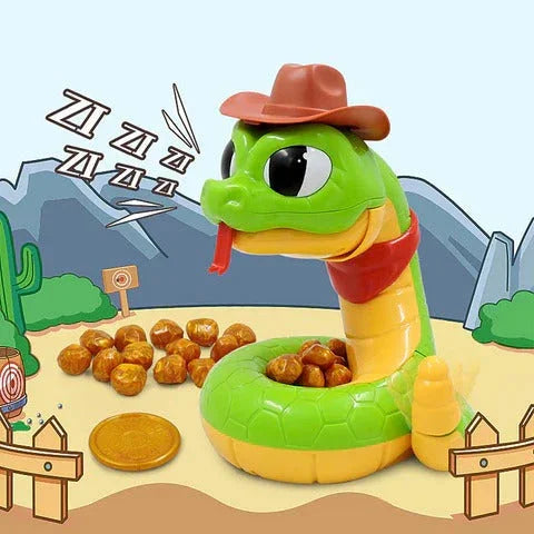 Brinquedo divertido de cobra com chapéu de caubói em cenário de faroeste, voltado para crianças.