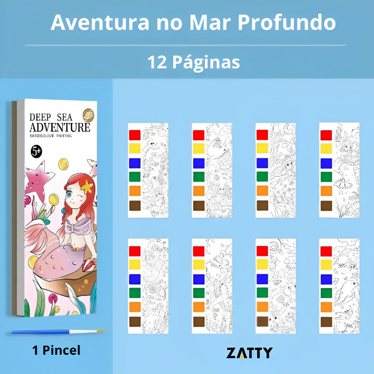 Livro infantil de pintar Aventura no Mar Profundo com sereia, 12 páginas e pincel incluído.