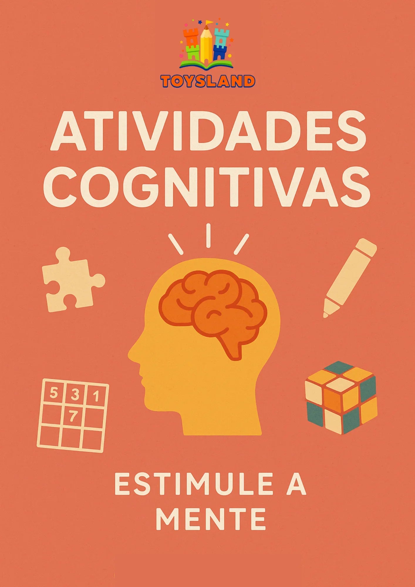 Capa com ilustrações de atividades cognitivas infantis, peças de quebra-cabeça, cubo mágico e sudoku.