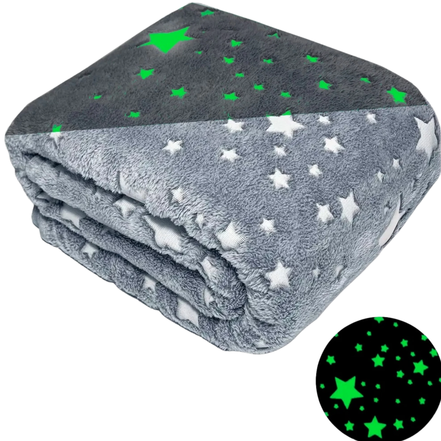 Manta infantil cinza com estrelas brancas que brilham no escuro, textura aconchegante.