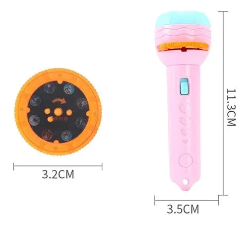 Lanterna projetora de brinquedo rosa com disco de imagens de animais, medidas visíveis.