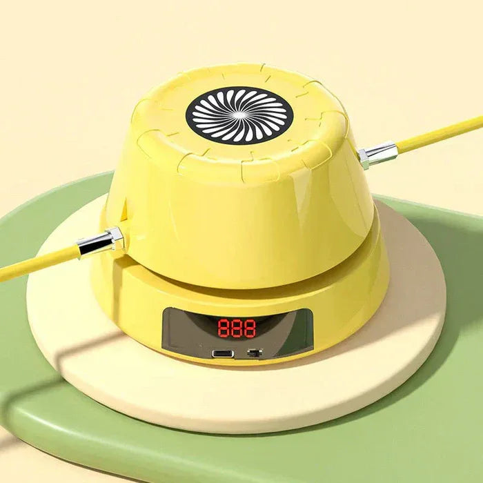 Máquina de pular corda infantil amarela com visor digital e cordas conectadas, brinquedo educativo