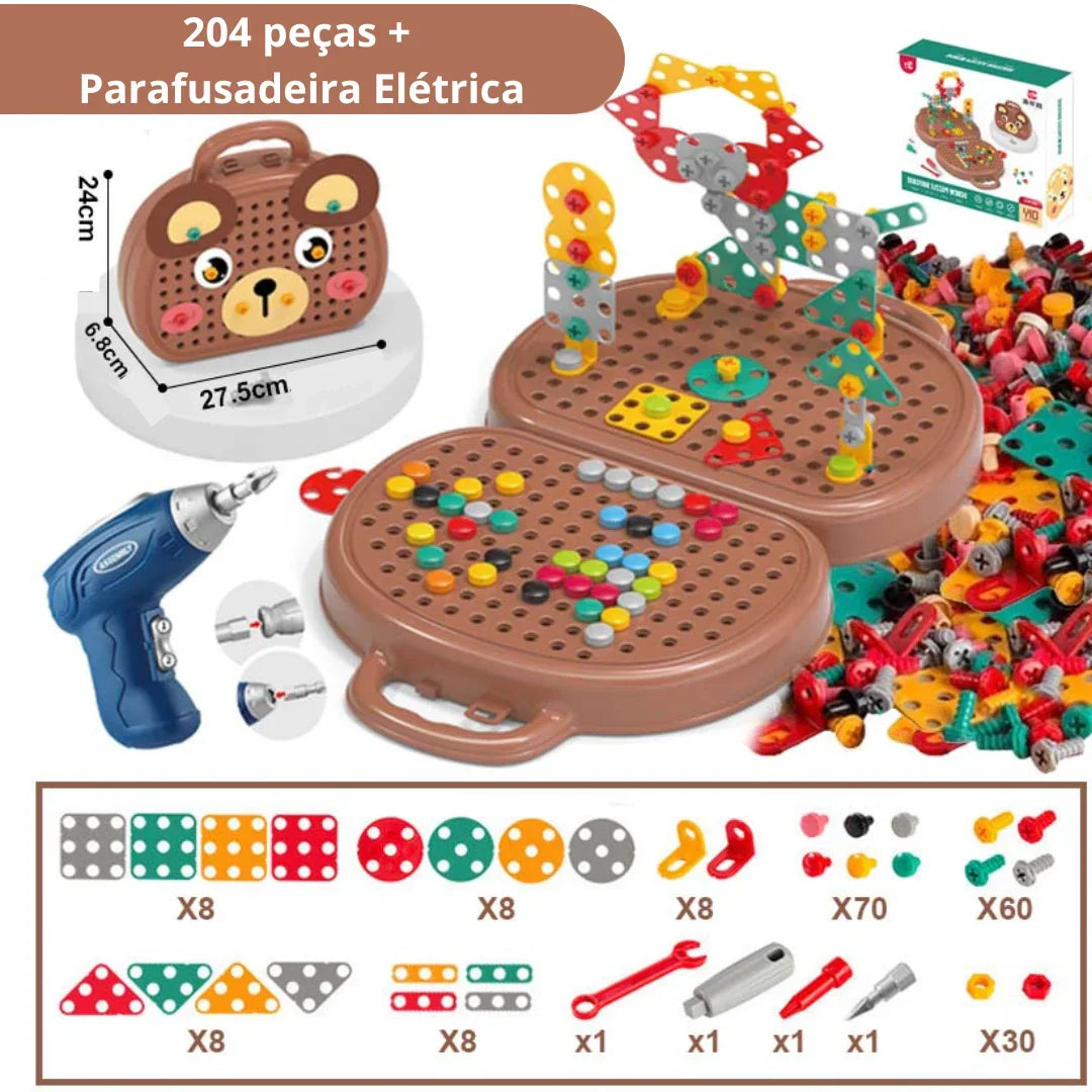 Maleta de construção infantil com 204 peças coloridas, parafusadeira elétrica e peças de montar criativas.