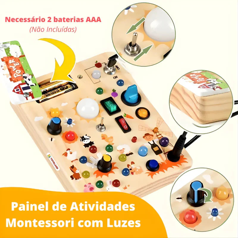Painel de atividades Montessori infantil de madeira com luzes e botões coloridos