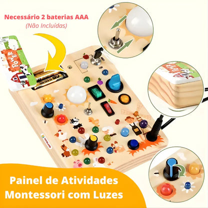Painel de atividades Montessori infantil de madeira com luzes e botões coloridos