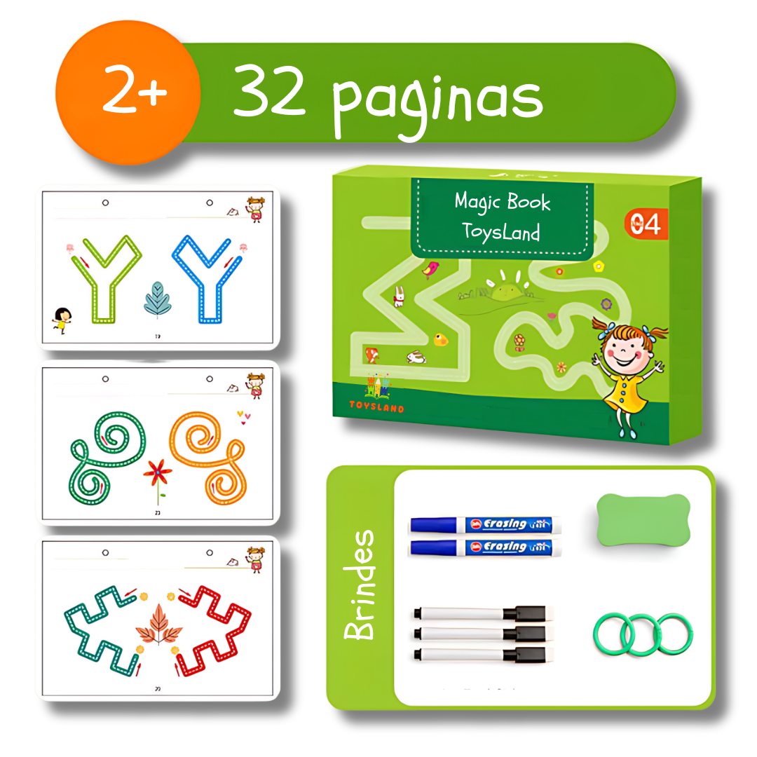Caderno de Traço e Desenho Infantil Magic Book (Oferta 8 Canetinhas + Apagador + E-book)