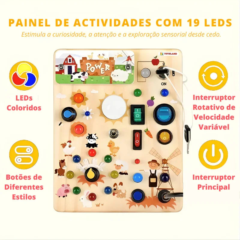 Painel de atividades infantil educativo, com 19 LEDs coloridos, botões variados e ilustrações de animais de fazenda.