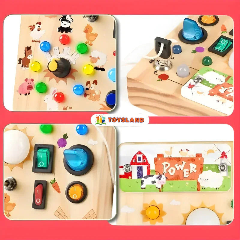Painel sensorial infantil de madeira com botões coloridos, luzes e ilustrações de animais da fazenda.