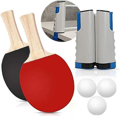 Kit de ténis de mesa infantil com duas raquetes, rede retrátil e três bolas brancas