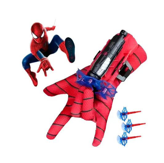 Brinquedo lança dardos infantil inspirado em super-herói aranha com luva vermelha e setas.