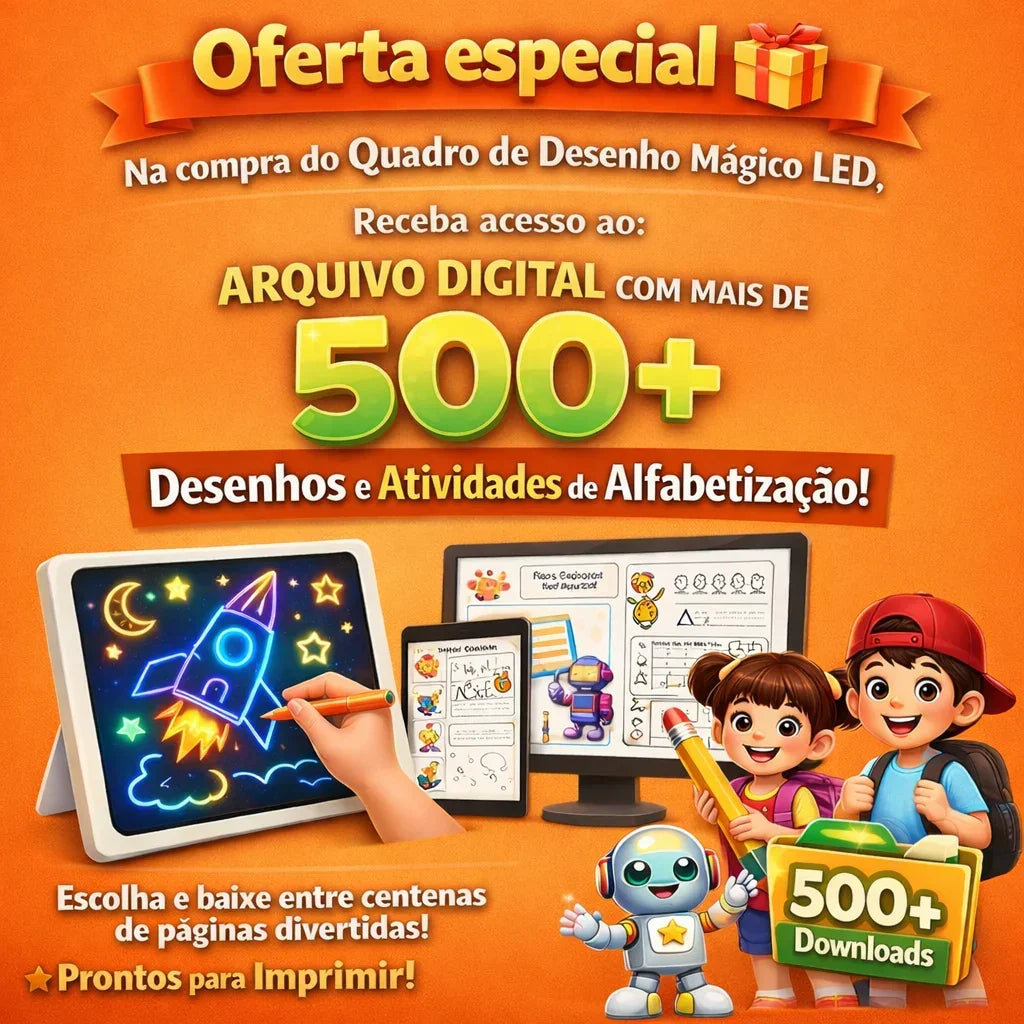 Oferta especial de quadro de desenho mágico LED com acesso a mais de 500 atividades e desenhos para crianças, incluindo ilustrações de tablet, crianças animadas, robô e materiais escolares, ideal para alfabetização infantil.