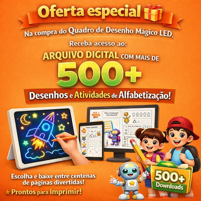 Oferta especial de quadro de desenho mágico LED com acesso a mais de 500 atividades e desenhos para crianças, incluindo ilustrações de tablet, crianças animadas, robô e materiais escolares, ideal para alfabetização infantil.