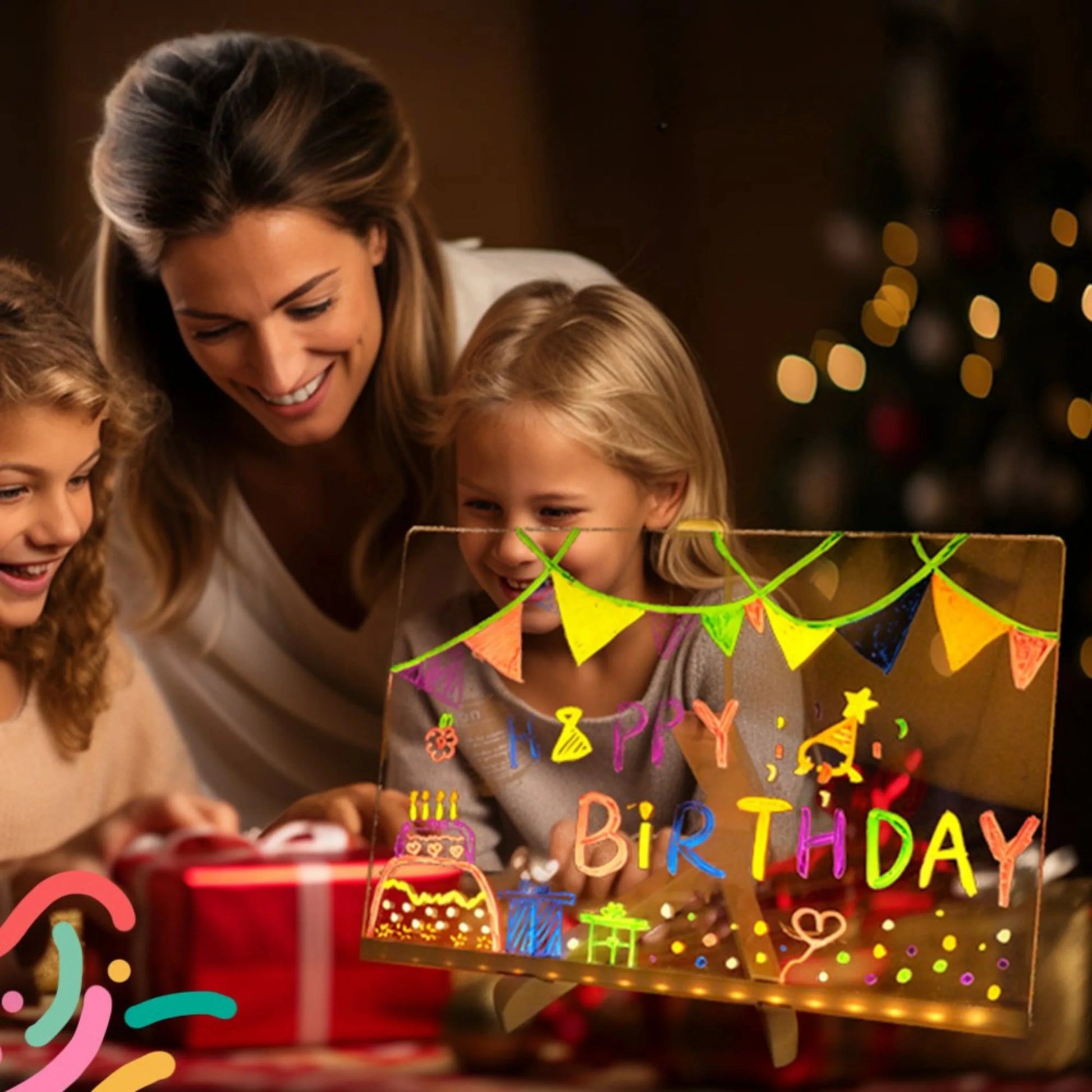 Crianças desenhando quadro luminoso de aniversário, brinquedo educativo infantil colorido.