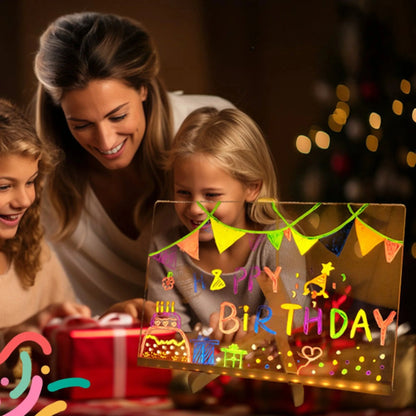 Crianças desenhando quadro luminoso de aniversário, brinquedo educativo infantil colorido.