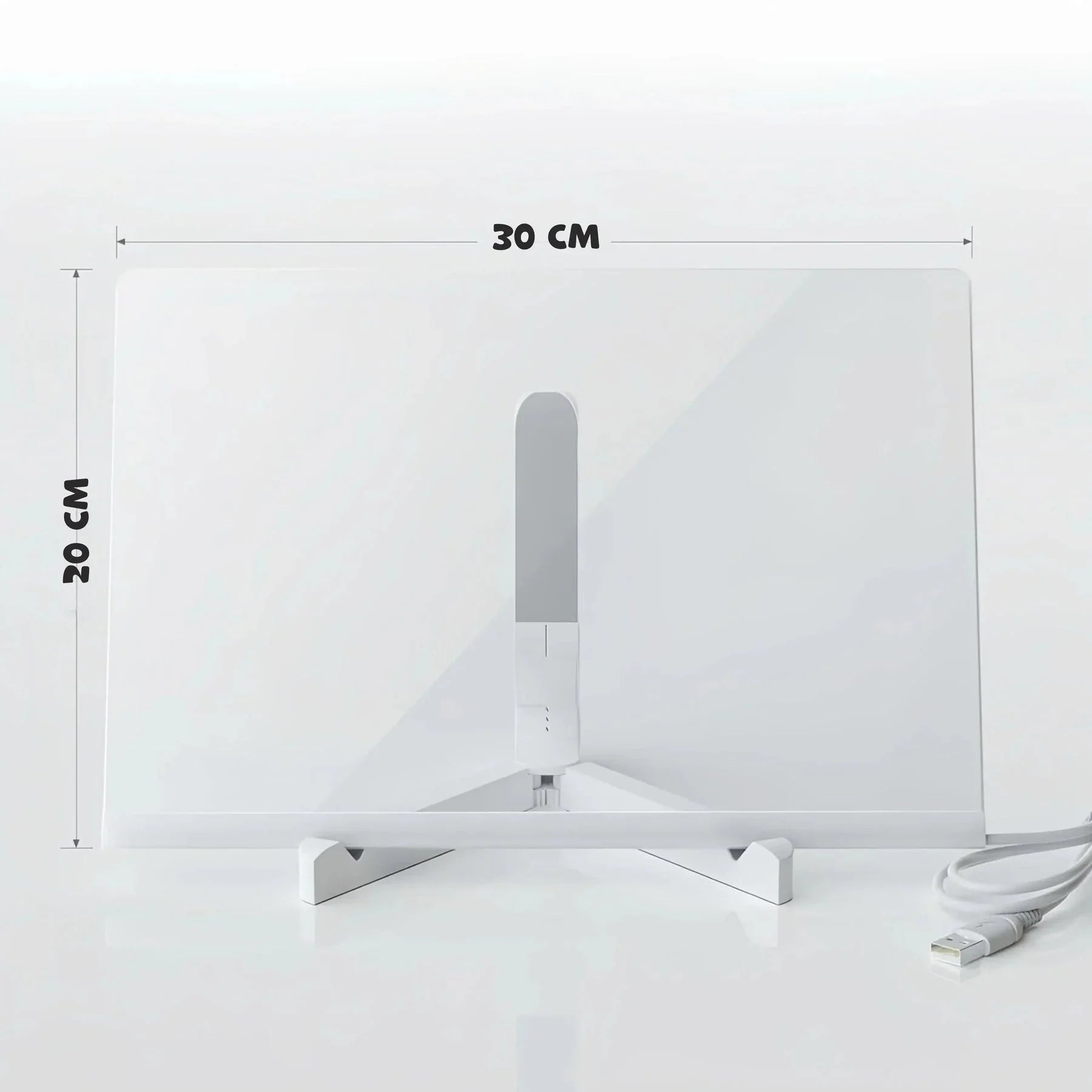 Quadro infantil para desenhar, branco, medindo 30x20 cm com cabo USB ao lado.