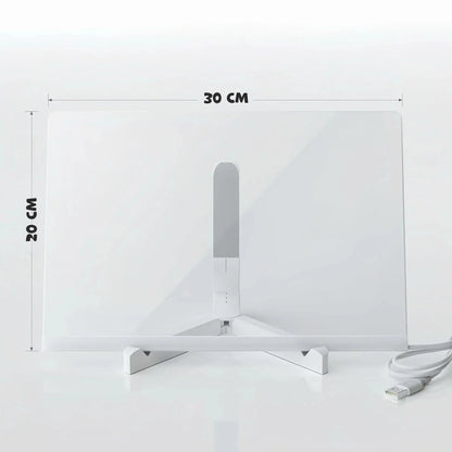 Quadro infantil para desenhar, branco, medindo 30x20 cm com cabo USB ao lado.