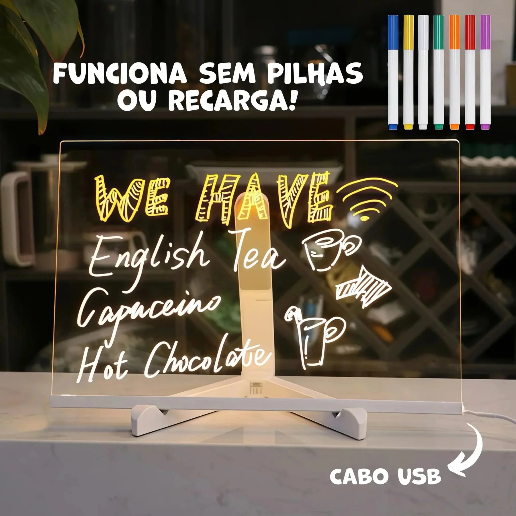 Quadro mágico infantil com luz LED para desenhar, inclui marcadores coloridos e cabo USB.