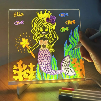 Quadro para desenhar infantil com luz LED, desenho de sereia colorido, canetas coloridas