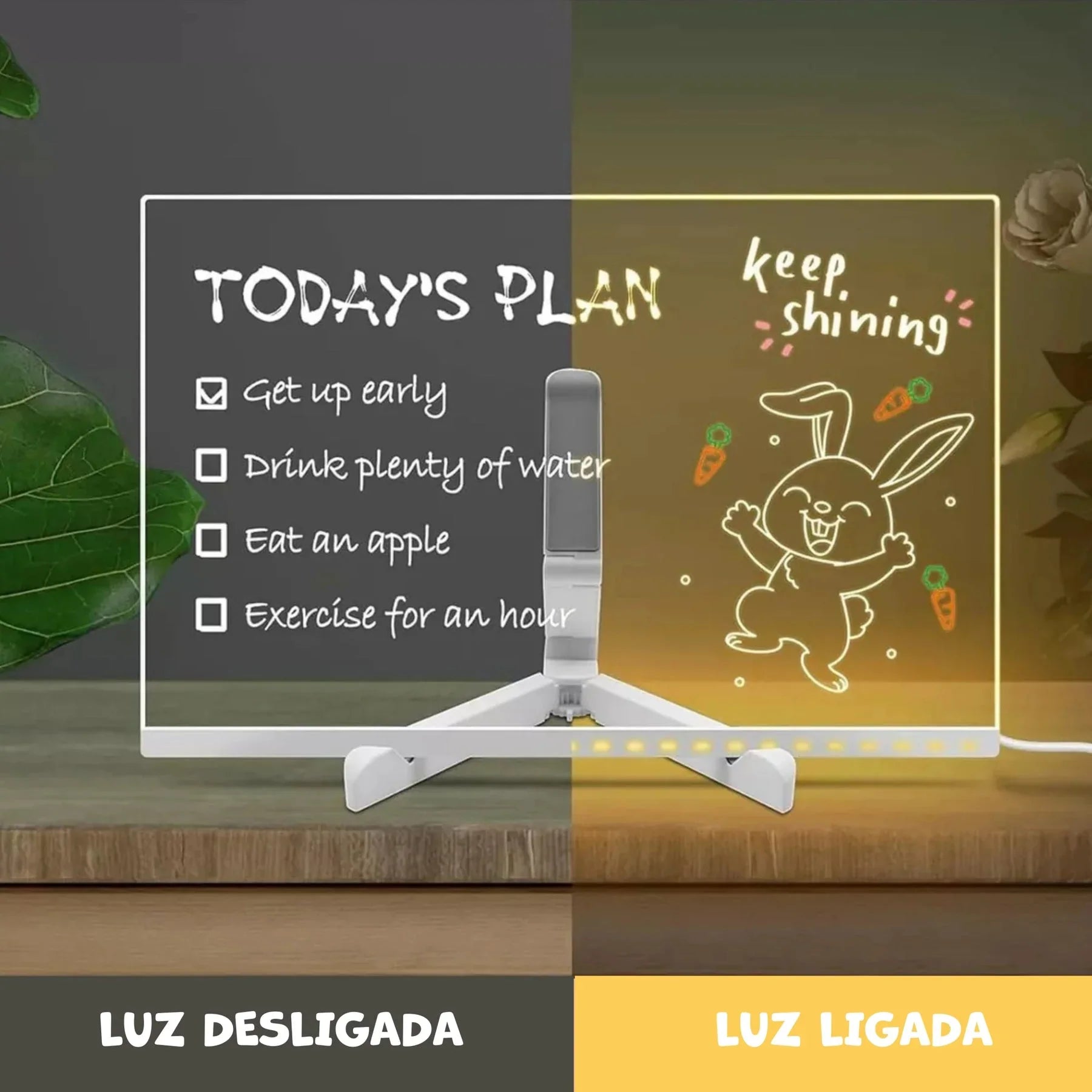 Quadro infantil para desenhar com luz LED, desenho de coelho e lista de tarefas, em mesa de madeira.