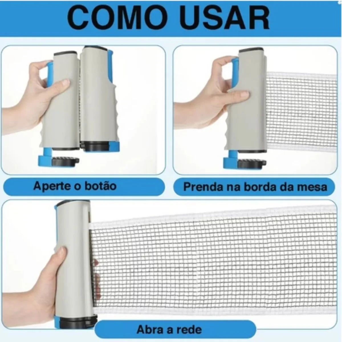 Instruções visuais de como instalar uma rede retrátil para tênis de mesa ping pong em mesa plana.