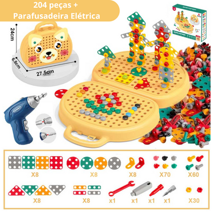 Maletinha de Construção - 204 Peças + Parafusadeira Elétrica